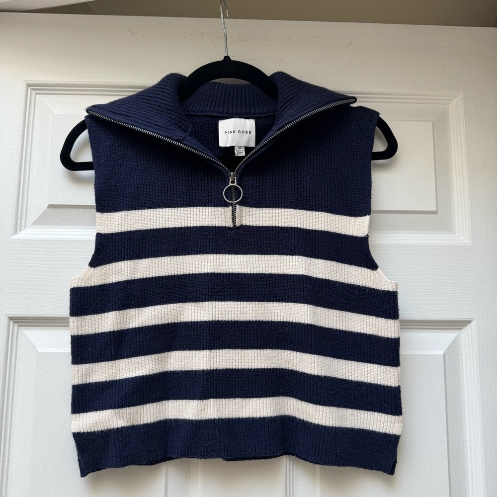 Pink Rose Navy & Cream Striped Quarter‑Zip Knit Top, size Medium